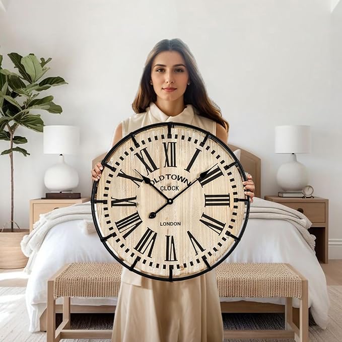 EMAX HOME Rustic Farmhouse Wall Clock 24 Inch, Vintage Oldtown London Wooden Large Clock with Silent Tick, for Bedroom, Office, Kitchen, Indoor Home Decoration