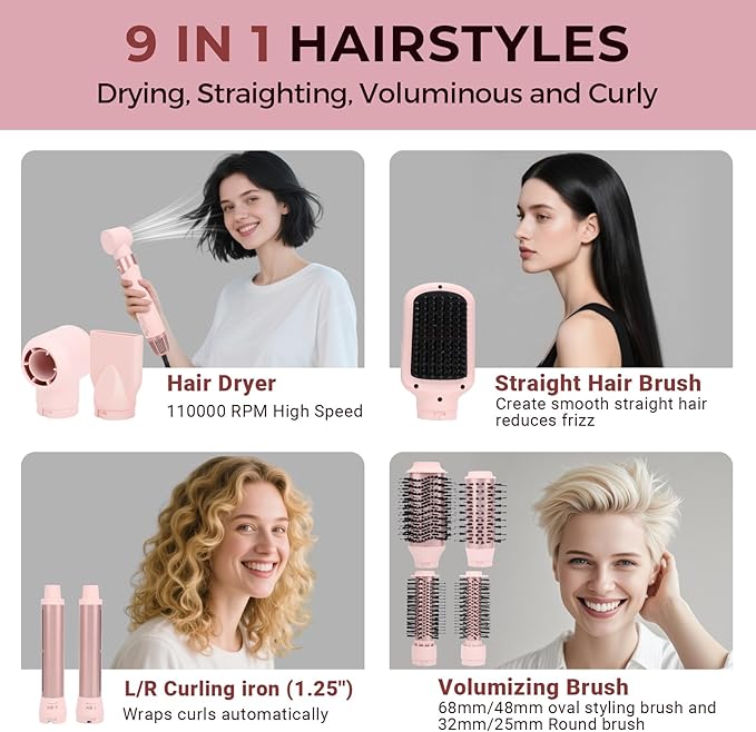 9-in-1 Multi Hair Styler | Air Styling & Drying System | Powerful Blow Dryer Brush | No Heat Damage | L/R Automatic Wrap Curlers, Oval Bursh, Round Brush, Flat Nozzle & Storage Pouch