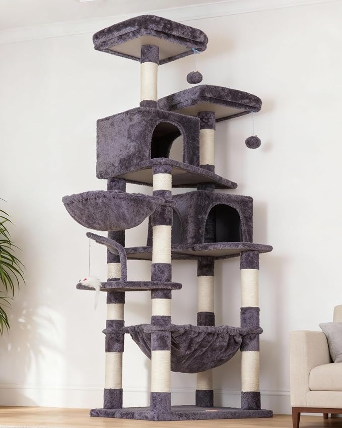 Heybly Cat Tree, 70 inches Tall Cat Tower for Indoor Large Cats HCT032G | Big Cat Condo with Toy , Cat House Furniture with Padded Plush Perch, Cozy Hammock and Sisal Scratching Posts, Smoky Gray