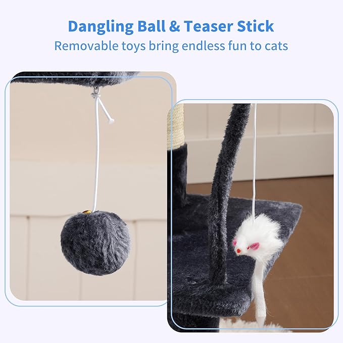 Heybly Cat Tree with Toy, 43.3 inch Cat Tower for Indoor Cats HCT004SG | Cat Condo with Durable Sisal Scratching Posts, Cat House with Padded Plush Perch, Cozy Hammock, Smoky Gray