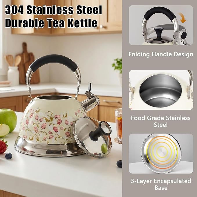 Stainless Steel Whistling Tea Kettle Stovetop - 3.1QT Tea Pot for Stove Top, Vintage Floral Print, Foldable Handle, 304 Stainless Steel Interior Teatop for Tea, Coffee, Party & Gift