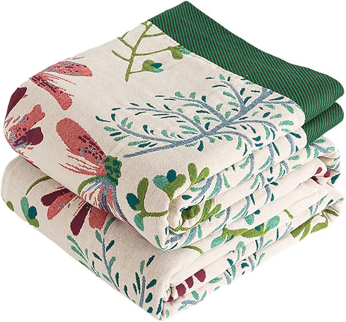 VANJOROY Boho Throw Blanket, 100% Organic Cotton Breathable Ultra Soft 80" x 90" Bed Quilt Throw - All Season Floral Rustic Farmhouse Decor Luxury Reversible Blanket for Sofa Couch Chair and Gift