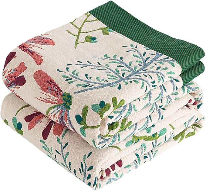 VANJOROY Boho Throw Blanket, 100% Organic Cotton Breathable Ultra Soft 50" x 60" Bed Quilt Throw - All Season Floral Rustic Farmhouse Decor Luxury Reversible Blanket for Sofa Couch Chair and Gift