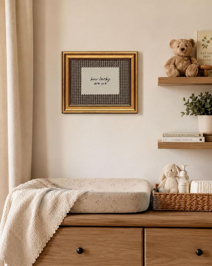 Gold Framed Wall Art, How Lucky Are We Canvas Prints, Rustic Brown Gingham Picture Wall Decor, Funky Preppy Stripe Quotes Artwork for Bedroom Dorm Apartment 9x11 inch