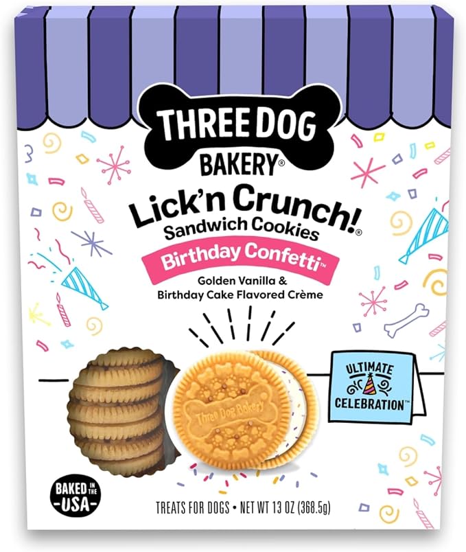 Three Dog Bakery Lick'n Crunch! Dog Treats - 13 oz | Birthday Confetti Sandwich Cookies - Crunchy Treats with Birthday Cake Creme