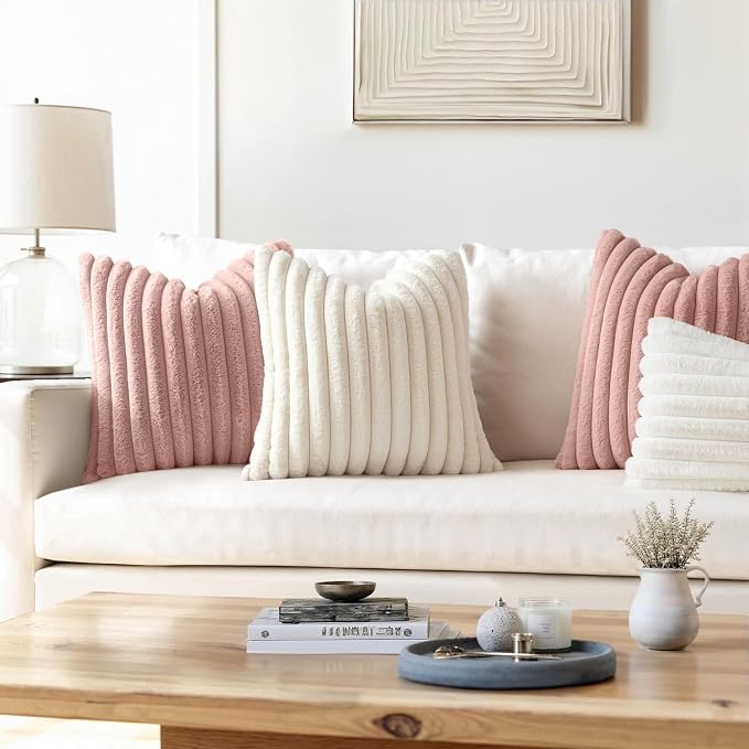 MIULEE Faux Fur Decorative Throw Pillow Covers 18x18 Set of 2 Blush Pink | Modern Cute Soft Plush Couch Pillows, Cozy Fluffy Cushion Covers for Sofa Bed Living Room Home Decor