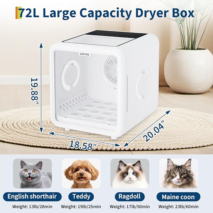 TrailBlaze 72L Automatic Pet Drying Box for Cats & Dogs up to 45 lbs – 360° High-Efficiency Grooming Dryer with 5 Air Outlets – Negative Ion & LED Display – Quiet Smart Temperature Control –