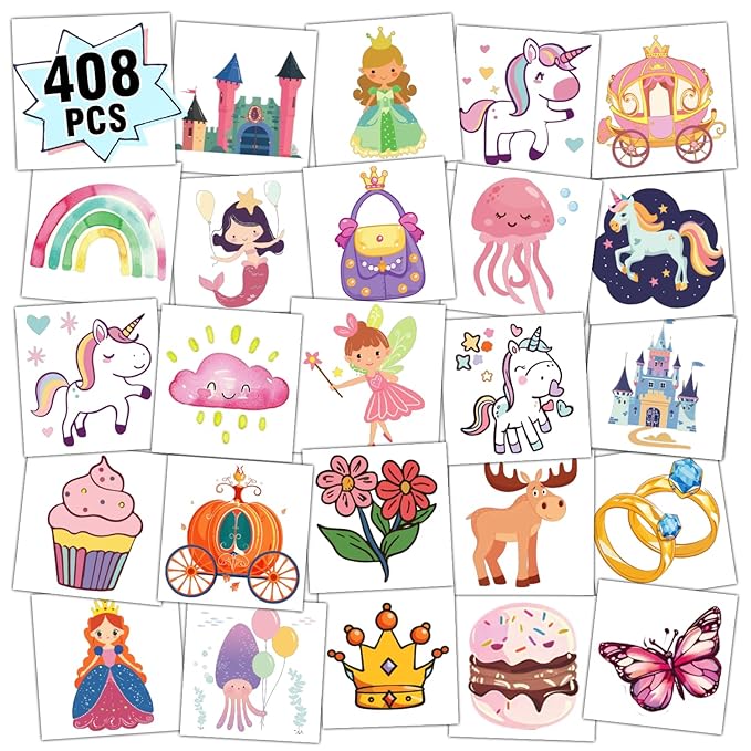 Partywind 408 PCS Kids Tattoos for Party Supplies, Individually Wrapped Sheet Temporary Tattoos Stickers for Kids Goodie Bag Stuffers, Fun Birthday Party Favors - Sweet