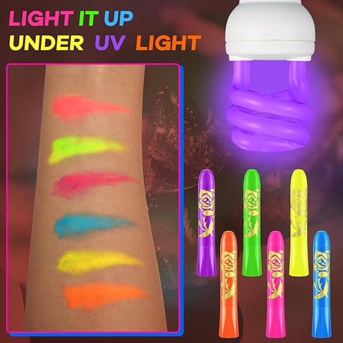 Tenceur 48 Pcs Glow in the Dark Body Paint Under UV and Black Light Face Paint Crayons Neon Face Painting Kit for Kids Party Fluorescent Glow Sticks Makeup for Adult Halloween Party Supplies, 6 Colors