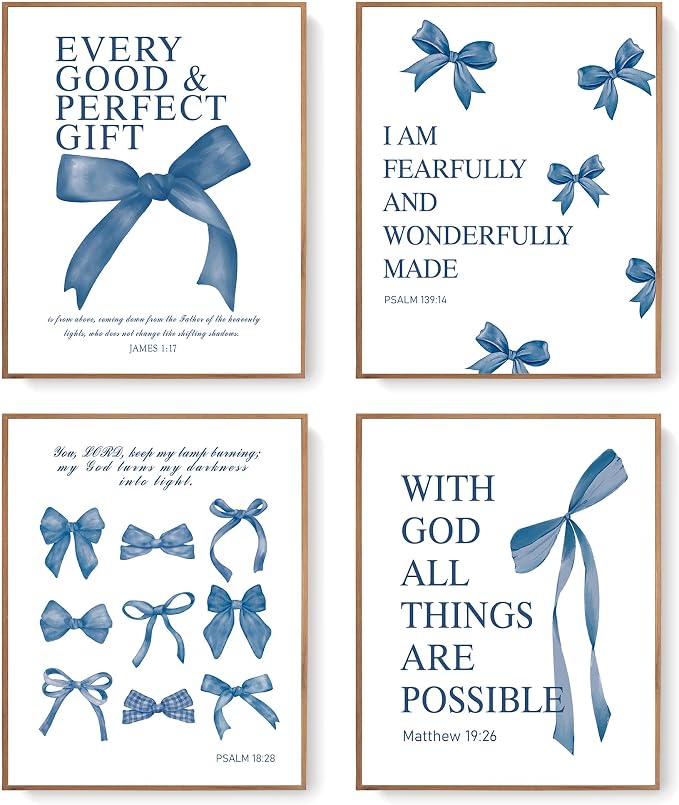 LARTSFRO Coquette Navy Blue Bow Wall Art Decor Posters, Navy Blue Bow Room Bedroom Bathroom Dorm Wall Art Decor Aesthetic for Teen Girls Gifts, Inspirational Bible Verses Bow Wall Decor, 10x8 Inch Set of 4 Pcs Bow Pictures (UNFRAMED)