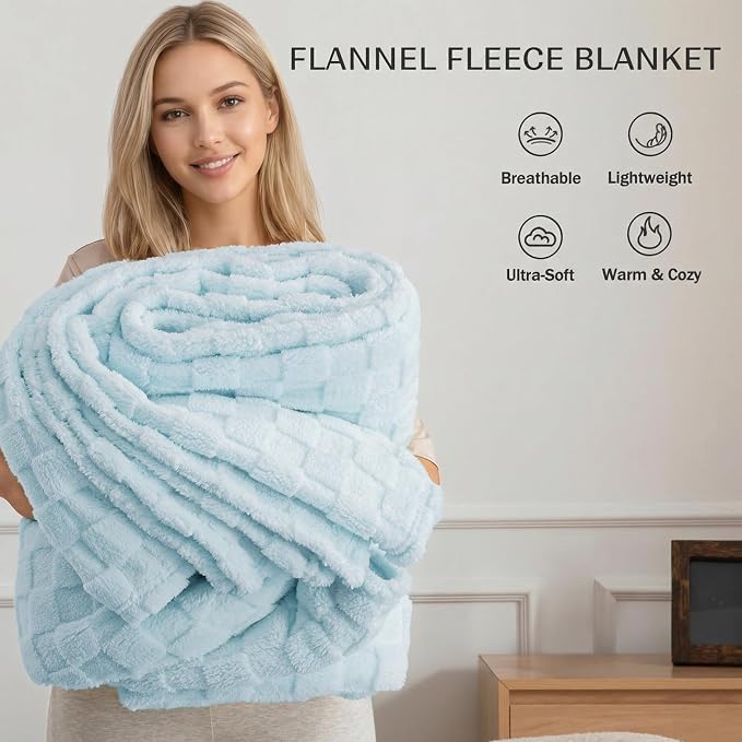 Exclusivo Mezcla 3D Checkered Fleece Throw Blanket for Couch, LCE Blue | Super Soft and Cozy Fluffy Throw, Lightweight and Breathable, Cute Fuzzy Blanket for Sofa, Home Decor, All Season, 50"x60"
