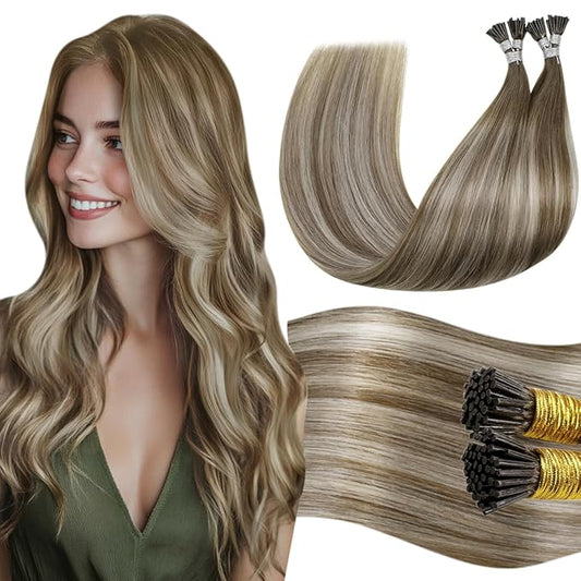 LaaVoo Itip Hair Extensions Real Human Hair Balayage Light Brown with Platinum Blonde Ombre 18 in 50g/50s