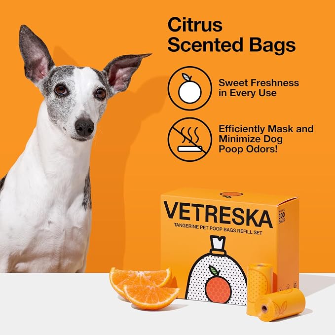 VETRESKA Citrus Scented Dog Poop Bags, 300 Counts, Leak Proof | Extra Thick and Large Pet Waste Bags for Dogs Walking and Cat Litter, 20 Refill Rolls