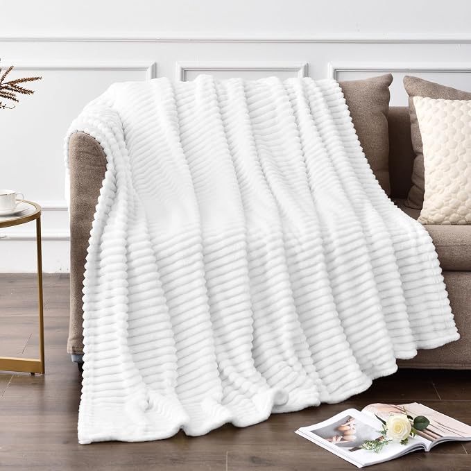 BEDELITE Ribbed Jacquard White Fleece Throw Blanket for Couch, 50x60 Inch | Soft Warm Decorative Fluffy Blanket, Cozy Plush Lightweight Fuzzy Throw Blanket for Bed Sofa Home Room Decor, Gift for Women