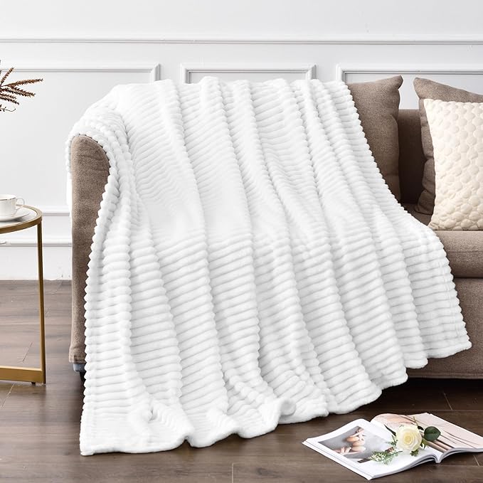 BEDELITE 3D Ribbed Jacquard White Fleece Twin Blanket for Bed, 60x80 Inch | Soft Warm Decorative Fluffy Blanket, Cozy Plush Lightweight Fuzzy Throw Blanket for Couch Sofa Room Decor, Gift for Women