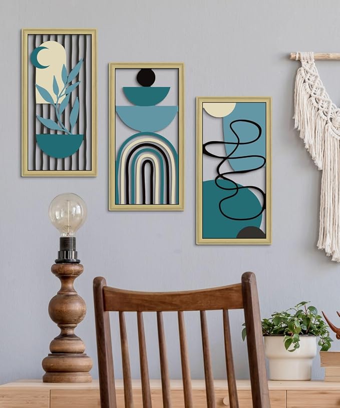 Putuo Decor Boho Wall Art Set of 3 Modern Minimalist Wooden Wall Decor Abstract Geometric Room Decorations Mid Century Artwork for Living Room Bedroom Office in Blue Tones 16.5 x 8.6 Inch