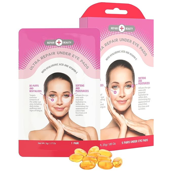 Hyaluronic Acid & Vitamin E Under Eye Patches - Diminishes Dark Circles, Wrinkles & Crow's Feet, De-puffing Under Eye Pads - Cruelty Free Korean Skin Care For All Skin Types - 5 Pairs