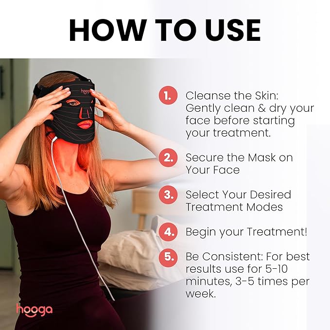 Hooga Red Light Therapy LED Mask and Neck Piece Combo Set, Tri Chip LEDs, 630 nm and 660nm Red & 850nm Near Infrared, Adjustable, Comfortable, USB Type-C Rechargeable for Wellness and Anti-Aging
