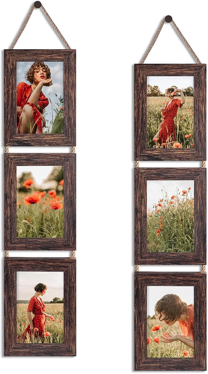 QUTREY 4x6 Collage Picture Frames, 6 Openings Vertical Hanging Photo Frame Set of 2, 4 by 6 inch Multi Picture Frames for Wall, Distressed Brown