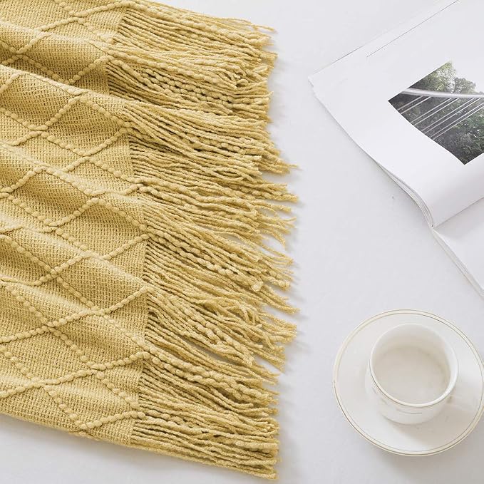 BOURINA Mustard Throw Blanket 50x90 Inch Boho Knit Soft Throw Sofa Blanket | Knitted Throw Blanket 50x90 Inches, Soft Lightweight Boho Weave Throw Decorative Couch Blanket for Living Room Bed Runner