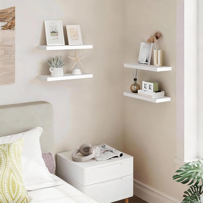 BAYKA White Floating Shelves 15.7in, Set of 3, Wall Mount Rustic Wood Shelf | 22lbs Max Load, Hidden Bracket, for Bathroom Bedroom Kitchen Display Storage Decor, Easy Install, Multi-Wall Compatible