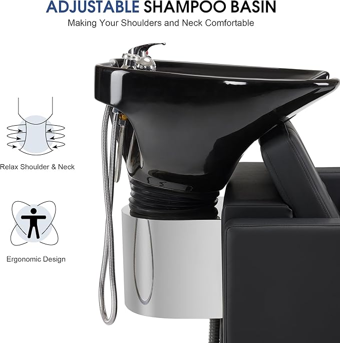 BarberPub Backwash Shampoo Station Chair, Adjustable Porcelain Ceramic Hair Wash Bowl, Vacuum Breaker, Professional Shampoo Chair and Bowl Unit for Salon and Spa 9309 (Black)
