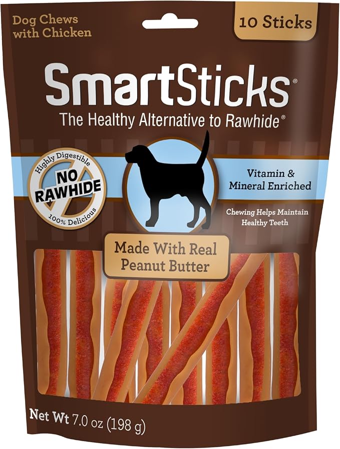 SmartBones SmartSticks Rawhide-Free Dog Treats, Peanut Butter, 10 Count | With Real Peanut Butter & Chicken, Easy To Digest Chew, Vitamin & Mineral Enriched, Supports Dental Health, For Small Dogs