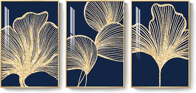 Framed Modern Luxury Wall Art for Living Room, Large Navy Blue and Gold Ginkgo Leaf Artwork for Walls, 3 Piece Contemporary Bright Style Floral Prints for Bedroom Office Hallway Wall Decor, 24x36 Inch | Large navy blue leaf prints, Bright style crystal...