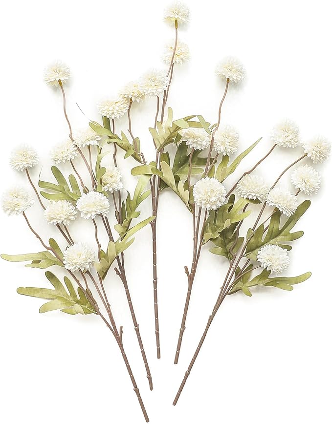 5pcs Ivory Faux Silk Mums Artificial Flowers, Bulk Fake Small Mini Chrysanthemums with Stems for DIY White Wedding Centerpieces Floral Arrangements Vase Fillers Home Decorations