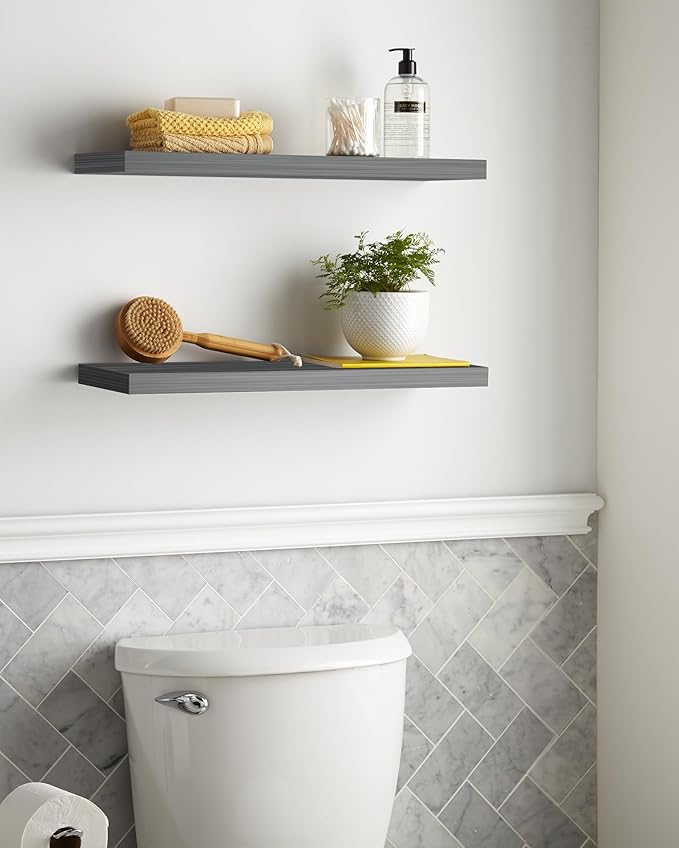 BAYKA Grey Floating Shelves 22.5in, Set of 2, Wall Mount Rustic Wood Shelf | Easy Install, 22lbs Max Load, Hidden Bracket, for Bathroom Bedroom Kitchen Book Storage Decor, Multi-Wall Compatible