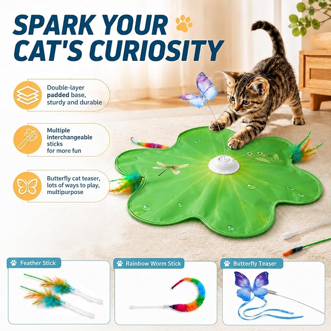 Cat Toy, Interactive Cat Toy, Cat Toys Interactive | Rechargeable Hide and Seek Automatic Kitten Toy with 3 Replaceable Wands, 3 Modes, Realistic Bird Chirp Sounds for Indoor