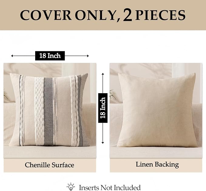 ANRODUO Boho Decorative Throw Pillow Covers White Stripe 18x18 Pack of 2 | Throw Pillow Covers, Farmhouse Cushion Case, Chenille Pillow Cases, Pillow Covers, Neutral Pillowcase for Sofa Couch Bed