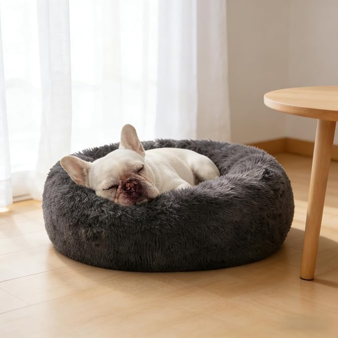 SAVFOX 23 inches Calming Donut Dog Bed - 3X Durable Plush Faux Fur, Machine Washable & Non-Slip, Fits up to 25 lbs, Dark Grey