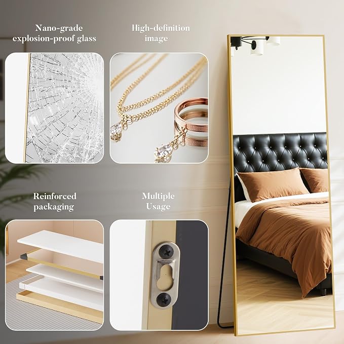 DUMOS 63"x20" Full Length Floor Mirror, Full Body Mirror | Free Standing or Wall Mount, Nano Glass Aluminum Frame, Hanging or Leaning, Modern Simple Home Decor, Gold