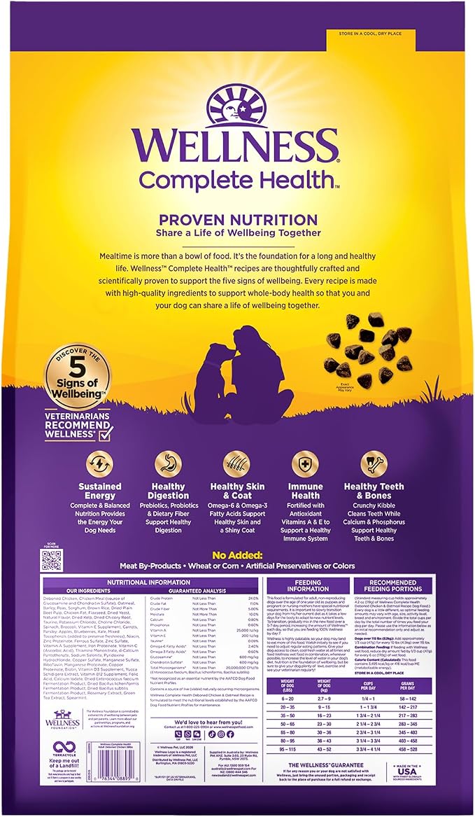 Wellness Complete Health Adult Dry Dog Food, Wholesome Grain Kibble, Natural, Chicken and Oatmeal Recipe, 38 lb Bag