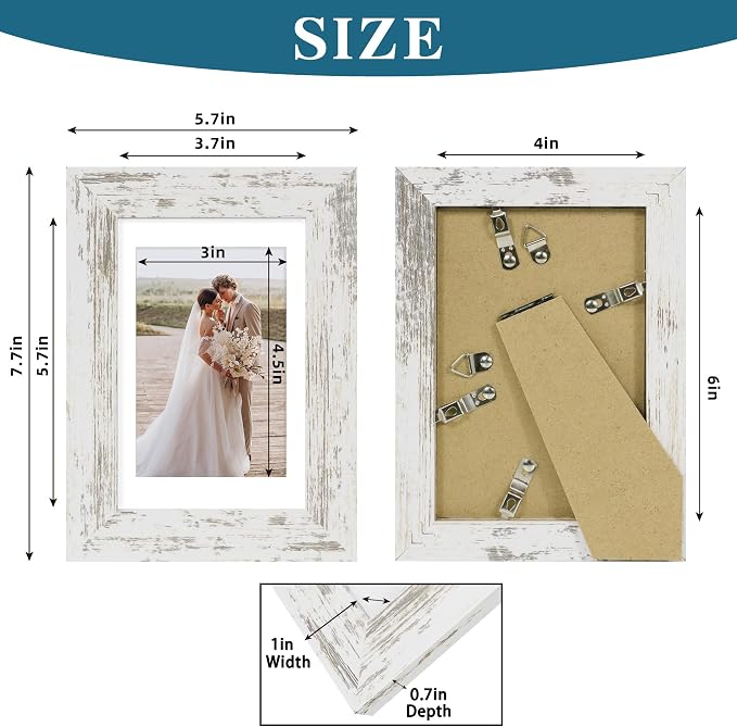 Hongkee 4x6 Picture Frame Set of 4, Made of Real Glass and Distressed White Wooden Frame, 4 by 6 Photo for Wall or Tabletop - Display Picture 3.5x5 with Mat or 4x6 Without Mat