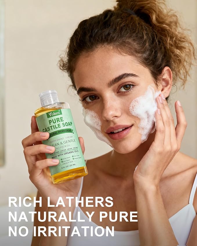 Peppermint Castile Soap Liquid 8 OZ, Made with Certified Organic Oils, Gentle Peppermint Soap for Body Wash, Face, Hands, Dishes, Laundry & More - Vegan & Natural Ingredients Versatile Cleanser