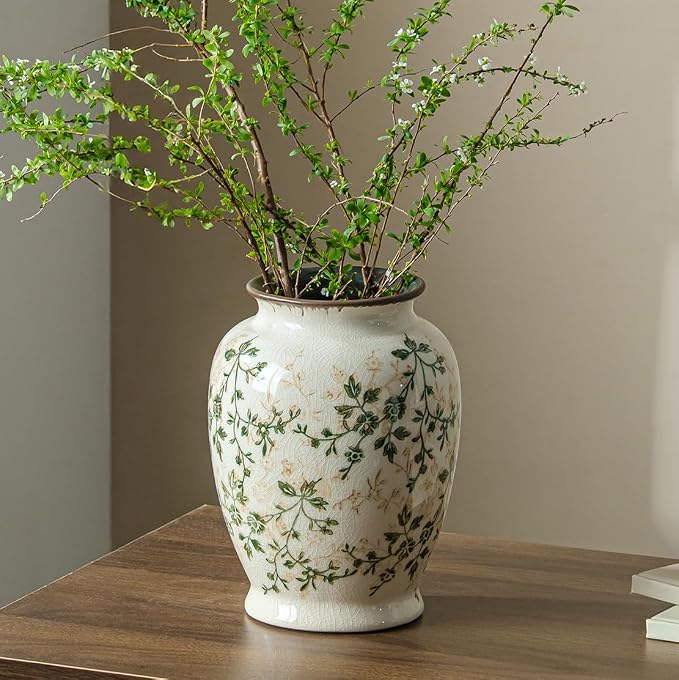 Ceramic Flower Vase for Home Decor, Vintage Green Decorative Vase 8 Inch | Rustic Farmhouse Floral Vase for Wedding Centerpiece, Living Room, Kitchen, Coffee Table, Mantel, Bookshelf, Entryway