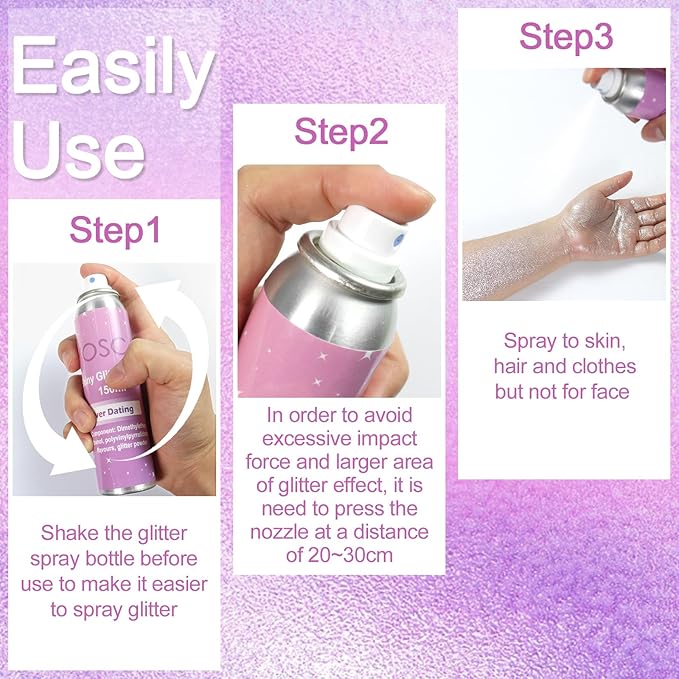 Yosca 150ML Body Glitter Spray, Diamond Silver Shiny Glitter Spray for Hair Body Clothes, Quick-Drying Long-Lasting Glitter Hairspray Shimmer Powder for Festival Concert Party Stage Rave Accessories