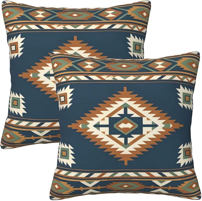Aztec Southwestern Blue Throw Pillow Covers 18x18 Set of 2 Western Boho Cushion Cases Home Decor