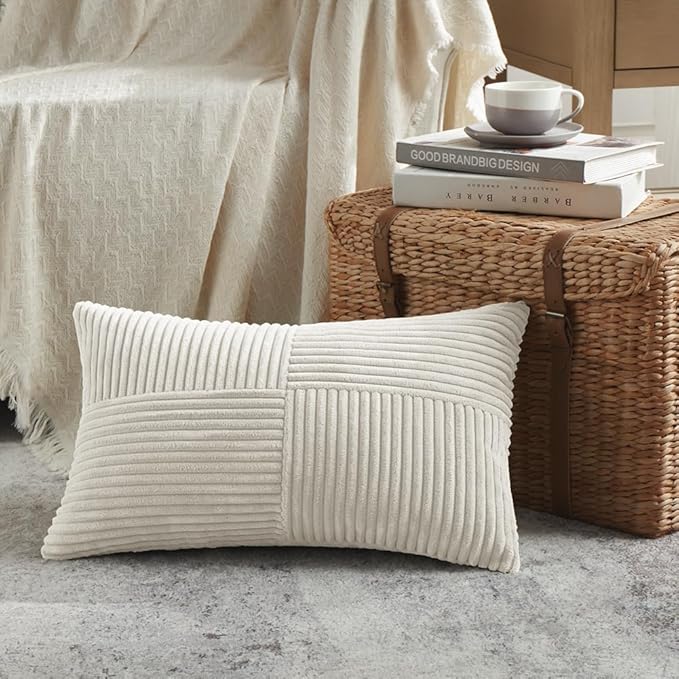 Fancy Homi Cream Lumbar Decorative Throw Pillow Covers 20x28 Inch for Living Room Couch Bed Sofa, Rustic Farmhouse Boho Home Decor, Soft Striped Corduroy Rectangle Accent Cushion Case 50x70 cm