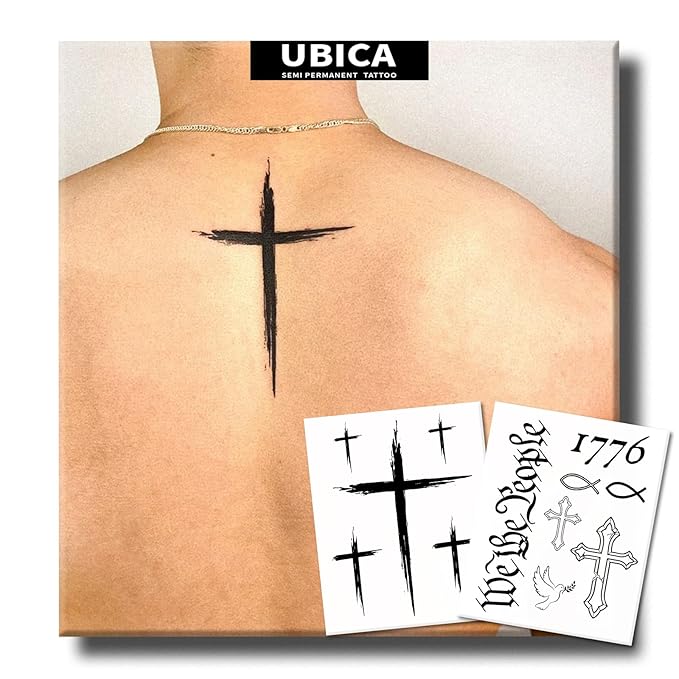 Semi Permanent Tattoo, 2 Sheets Cross Tattoos for Men, Lasts 7-15 Days, Develops Fully in 48H, Realistic, Waterproof and Non-Reflective, Cool Design