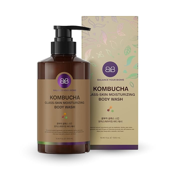 Kombucha Glass-Skin Moisturizing Body Wash, K-Beauty,Fermented soybean, barley, Pear Juice, Pomegranates,12 Vitamins, Nurishing, Cleansing, 16.9 fl.oz,No Silicone.Rich micro-foam gently cleanses