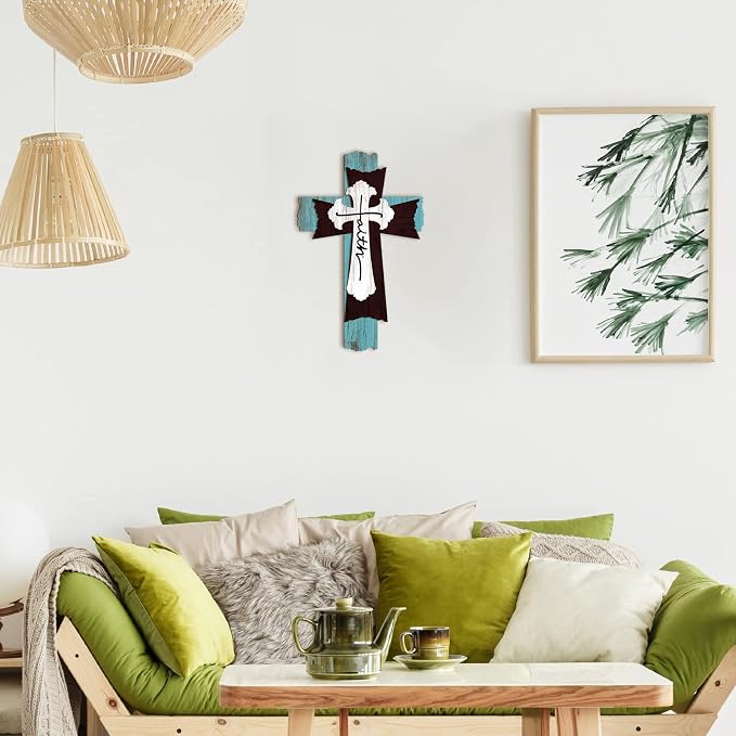 Yookeer Large Wooden Christian Wall Cross Religious Decor Art Wood Wall Cross Hanging Rustic Multi Layered Weathered Look Spiritual Sculpture for Church Home Farmhouse Indoor Outdoor