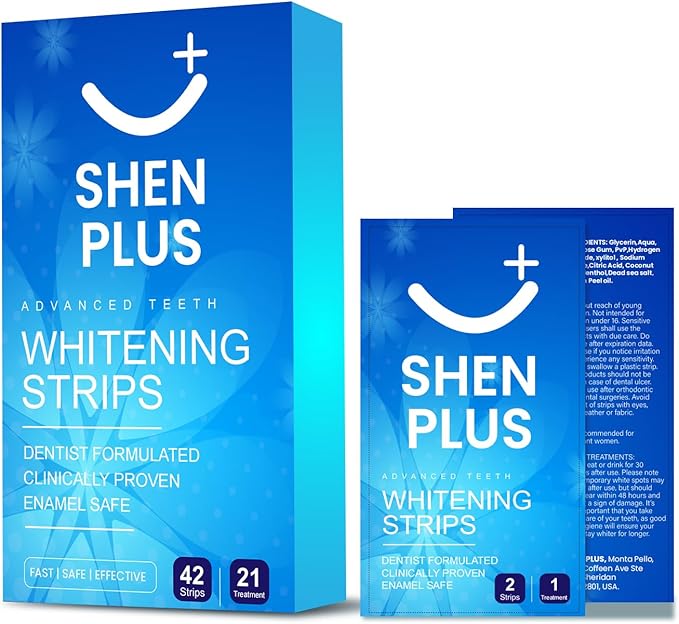 Shen Plus Teeth Whitening Strips – Enamel-Safe, Non-Slip Dry – 21 Treatments – Helps Remove Deep Stain with Coconut, Sage Oil, Dead Sea Salt & Lemon Peel Oil – 42 Strips