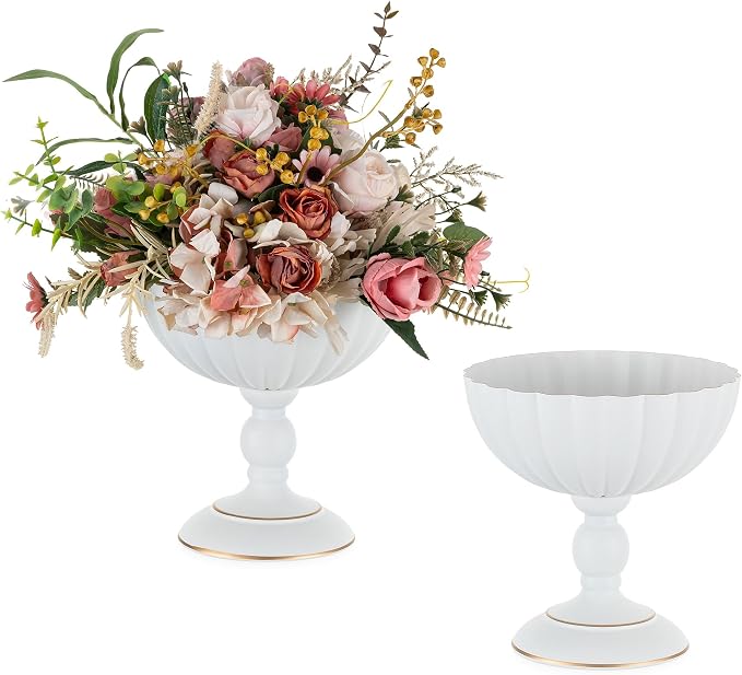 Sziqiqi White Urn Vase for Centrepieces, Wedding Compote Vase, 2Pcs | 7.9in Tall Metal Flower Arrangements, Vase for Centrepieces Floral Planter, Decorative Footed Bowl, For Party, Event