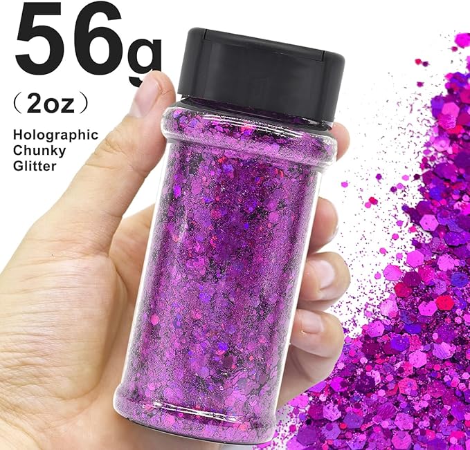 Purple - Craft Glitter - 2oz Glitter Shaker Bright Colorful Holographic Mix Chunky Body Glitter Bulk Wholesale 24 Colors in Shaker Cosmetic Glitter - EBLB800