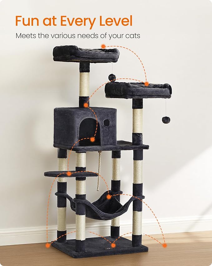 Feandrea Cat Tree, 55.8-Inch Cat Tower, Multi-Level Plush Condo with 11 Scratching Posts, 2 Perches, Hammock, Cave, Smoky Gray UPCT15GYZ