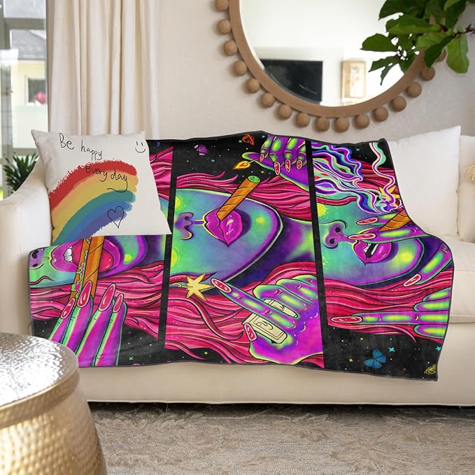 Blacklight Soft Trippy Throw Blanket - 51x59 Inch, Hippie Room Decor Marijuana Cannabis Weed Accessories