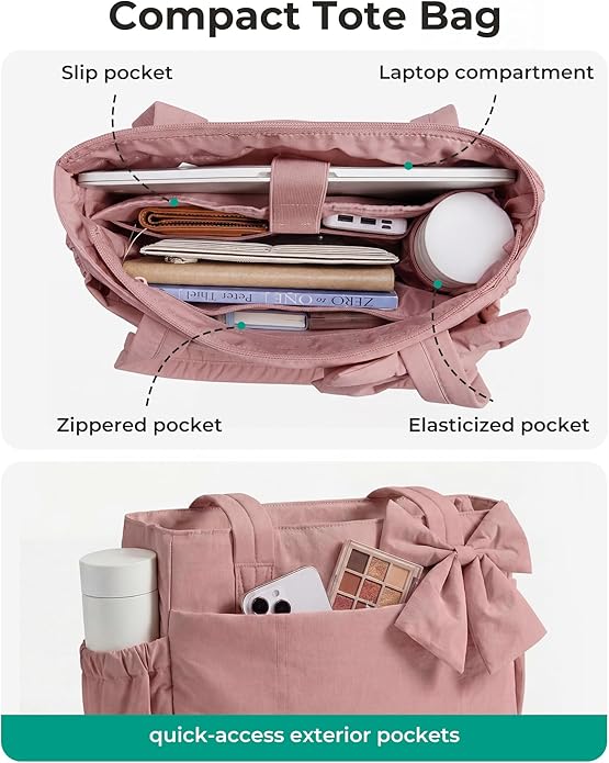 BAGSMART Crush Bow Tote Bag for Women, Puffer Travel Work Yoga Laptop Bag | Large Bow Tote Fits 40oz Tumbler, 15.6" Laptop, Yoga Mat Sleeve, Waterproof Pocket, Travel Work Swim Gym Mom Shoulder Handbag